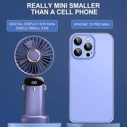 Rechargeable Personal Fan with Digital Display, Foldable Neck or Desk Design, 5-Speed Airflow and Phone Stand for Summer