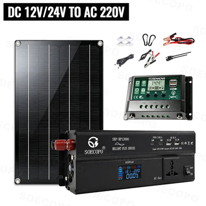 Solar System Power Kit 12000W 1000W Rated 12V/24V To 110V 220V Inverter Peak 800W Panel 60A MPPT Controller 4 USB for RV TV