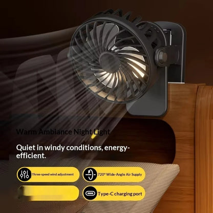 Powerful Rechargeable Clip Fan Portable, 720° Rotatable Fan with Night Light, Air Cooler USB Desk, Long Battery Life Ventilador
