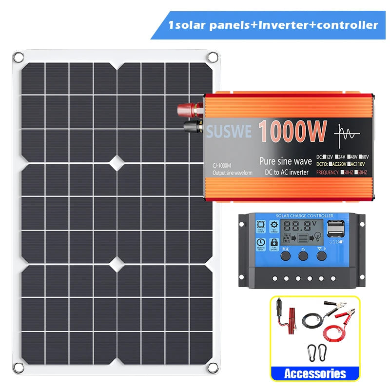Solar System Kit 1000W 12V to AC 220V/110V Inverter+600W Solar Panel+100A Controller, Suitable for Charging RVs, Cars, Laptops