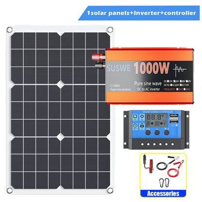Solar System Kit 1000W 12V to AC 220V/110V Inverter+600W Solar Panel+100A Controller, Suitable for Charging RVs, Cars, Laptops