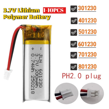 3.7V 200mAh 601230 Lithium Polymer Battery 301230 401230 501230 701230 801230 Rechargeable Lipo Batteries JST2.0 2Pin for Toys