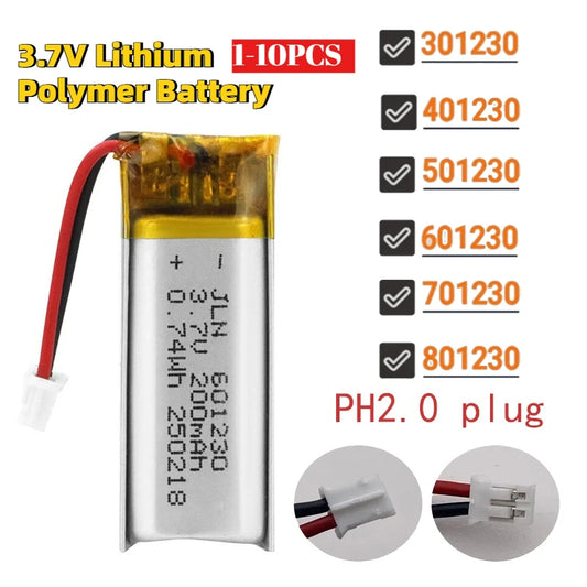 3.7V 200mAh 601230 Lithium Polymer Battery 301230 401230 501230 701230 801230 Rechargeable Lipo Batteries JST2.0 2Pin for Toys