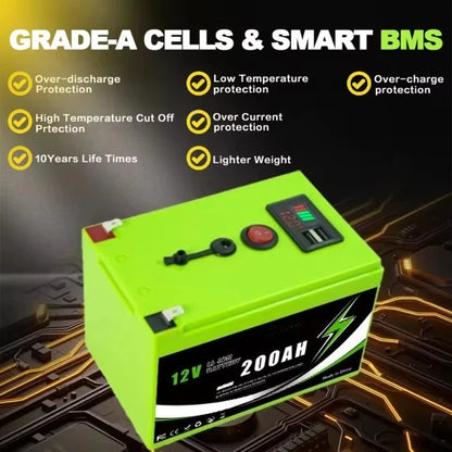 12V 160Ah/180Ah/200Ah 18650 Lithium Battery Pack with USB Port & LED Display, Portable Power Station for RV Boat Solar Storage