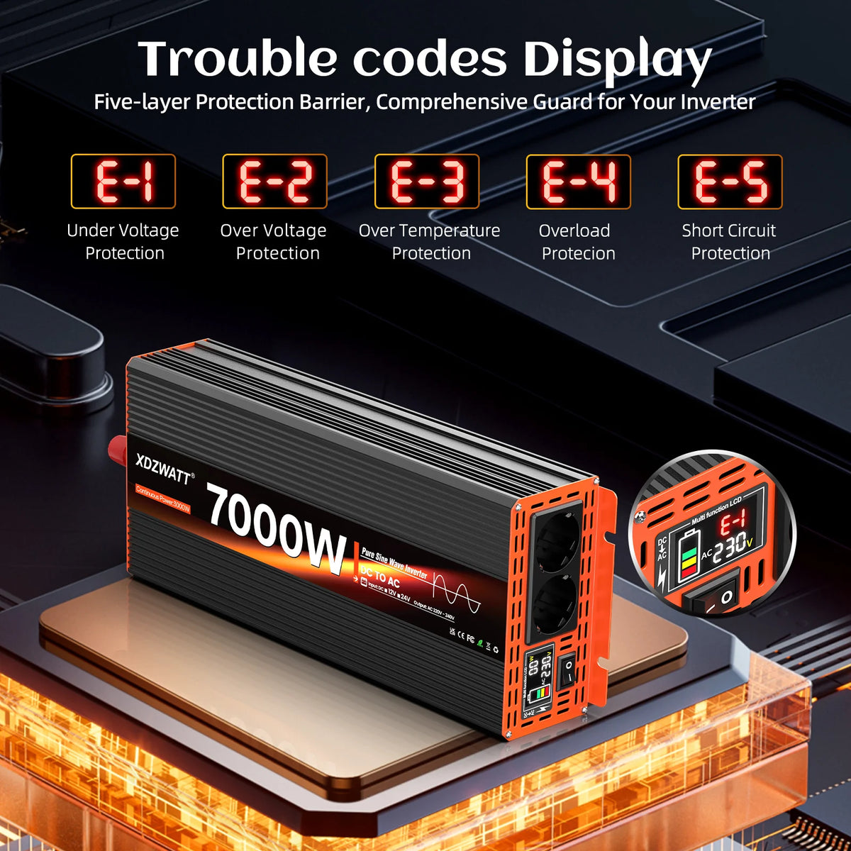 7000W Peak Power Pure Sine Wave Inverter DC 12V to AC 220V 230V EU Socket For RV Travel Household Appliances LCD Display Protect