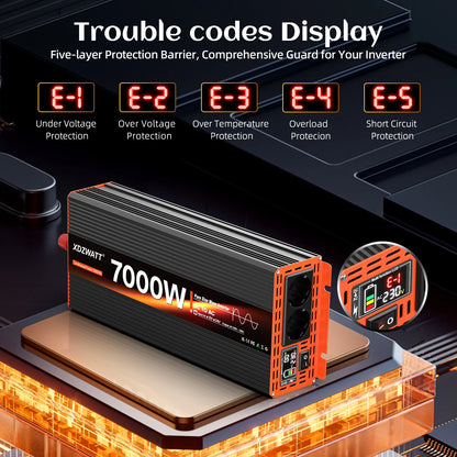 7000W Peak Power Pure Sine Wave Inverter DC 12V to AC 220V 230V EU Socket For RV Travel Household Appliances LCD Display Protect