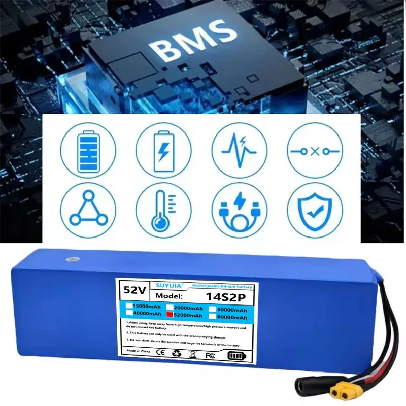 Batterie Li-ion 52V 5200mAH Avec BMS, 14S2P, Batterie 1500W Intégrée Pour Vélos, Scooters, Motos + Chargeur 58,8V2A