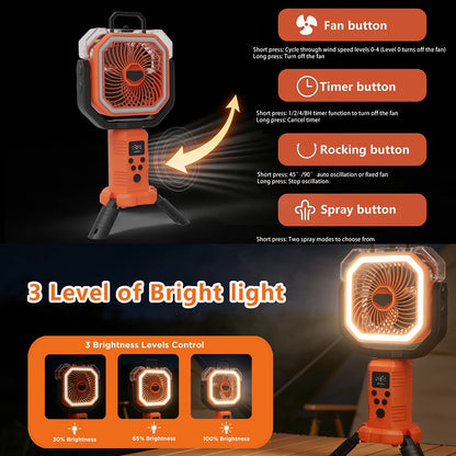 30000mAh Multicolor Portable Rechargeable Fan with Adjustable Heights & 3-Level LED Light for Camping Fishing Spray Camping Fan