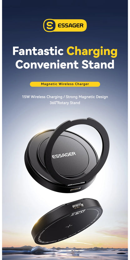 Essager Magnetic Wireless Charger With Holder 15W Fast Charging For iPhone16 15 14 13Pro Max Airpods Mini Wireless Phone Charger
