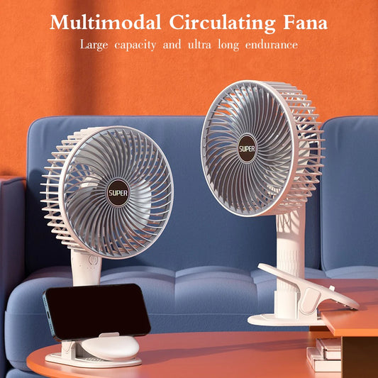 4-in-1 Rechargeable Circulating Clip Fan 3-Speed Mini Fan Support Handheld Desktop, Clip-on and Wall Mount for Bedroom Camping