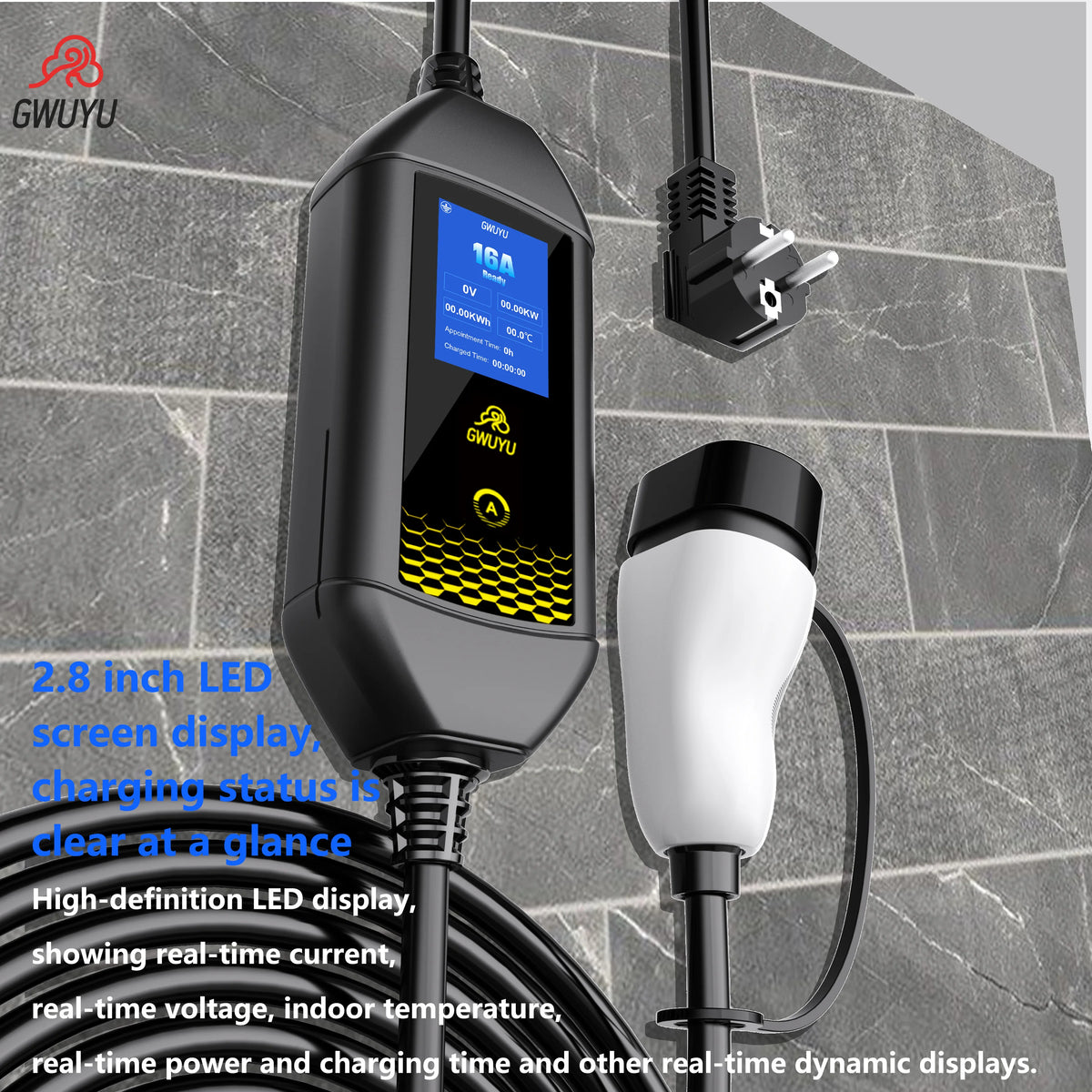 Portable EV Charger 3.5KW AC EV Charging Station Type2 J1772 GBT Portable EV Charging Pile with 2.8 Inch LCD Screen APP Control
