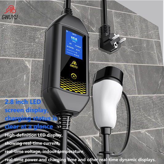 Portable EV Charger 3.5KW AC EV Charging Station Type2 J1772 GBT Portable EV Charging Pile with 2.8 Inch LCD Screen APP Control