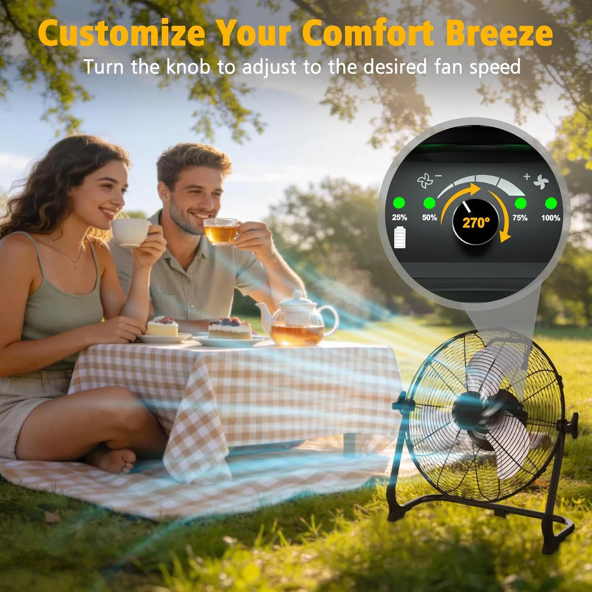 Rechargeable Floor Fan 13200 mAh Fan with Type C and USB Charging 15W Continuous Speed Control High Air Flow Wind Machine