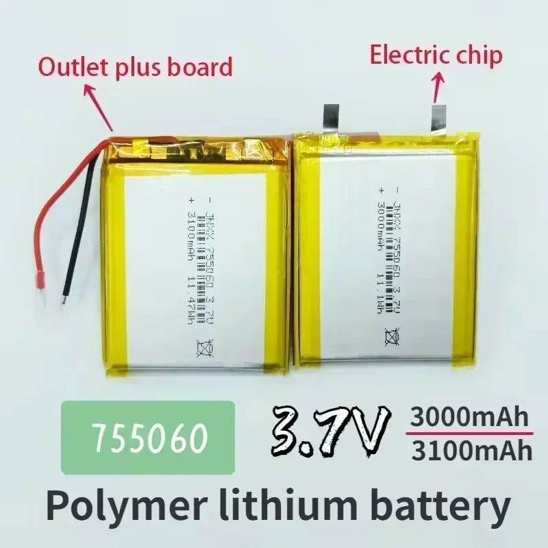 755060 Battery 3.7V 3000mAh Lithium Polymer Rechargeable Batteries for Mobile Power Supply Small Speaker Solar Light Walkie New