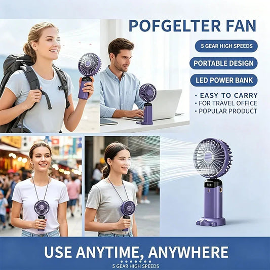 5000mAh Portable Handheld Mini Fan, Foldable, Can Be Hung on the Desk or Outdoors, Can Be Charged via USB, Equipped with LED Dig