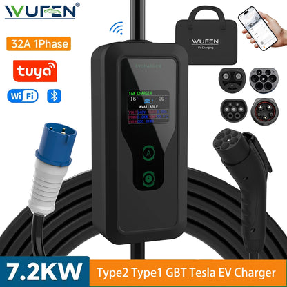 WUFEN GBT/Type1/Type2/NACS Portable EV Charger 250V 7KW 32A 1P Wall mounted EVSE Fast Charging Cable CEE Plug Tuya APP Control