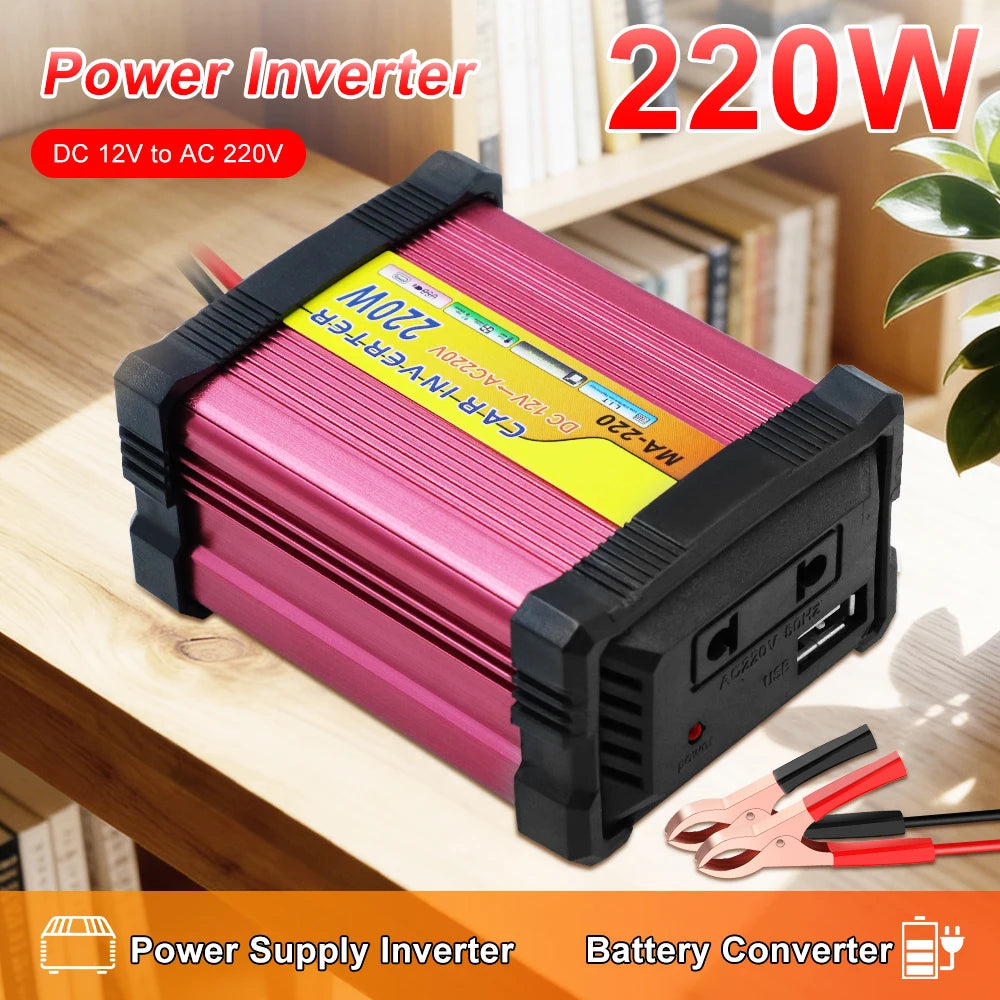220W Automobile Inverter 12V To 220V Converter Car Inverters 1+1 USB Charger Port 220V AC Powe Socket Storage Batteries Inverter