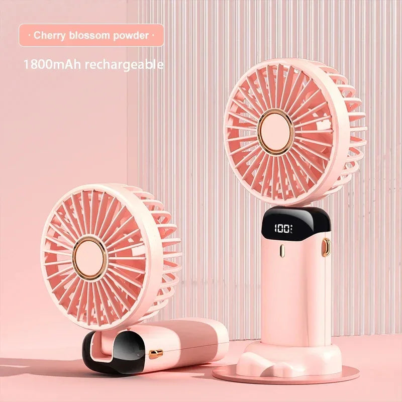 Rechargeable Personal Fan with Digital Display, Foldable Neck or Desk Design, 5-Speed Airflow and Phone Stand for Summer