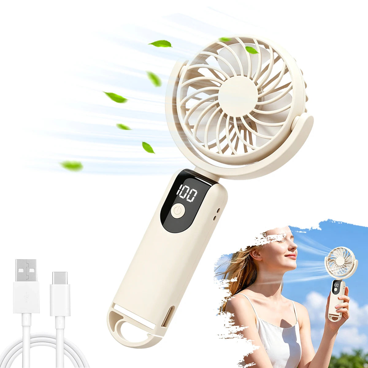 Rechargeable Travel Fan, Portable mini Handheld Fan, 5-Speed Wind Speed, LED Display, 90° Foldable Cooling Fan, Outdoor Camping
