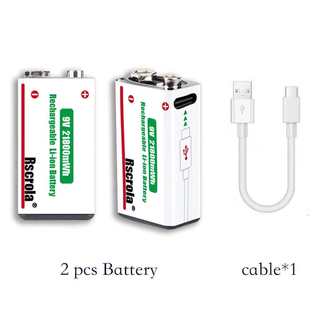 Long-Lasting 9V Lithium ion Rechargeable Battery 21800mWh High Capacity for Guitar Microphone Smoke Detector Pedal with Cable