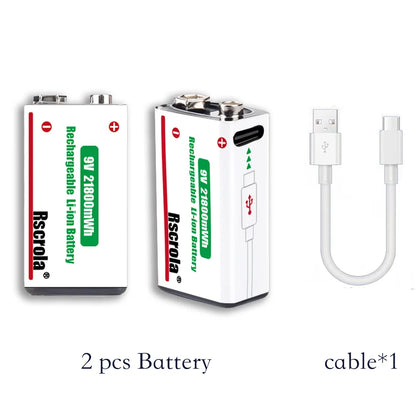Long-Lasting 9V Lithium ion Rechargeable Battery 21800mWh High Capacity for Guitar Microphone Smoke Detector Pedal with Cable