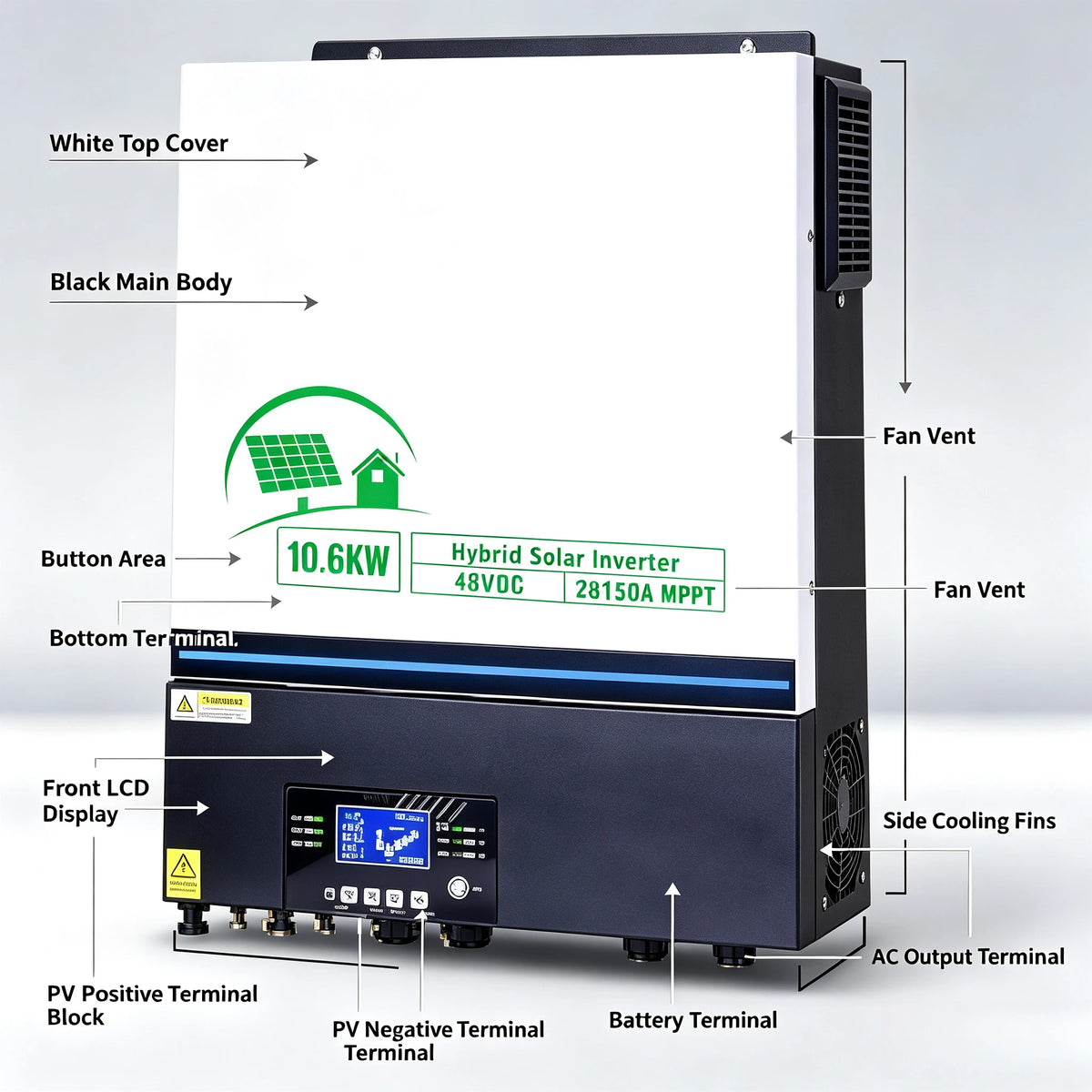 10.6KW 48V‑220V Solar Inverter All‑in‑One, Built‑in 150A MPPT Charge Controller, Off‑Grid Hybrid Solar Power Inverter