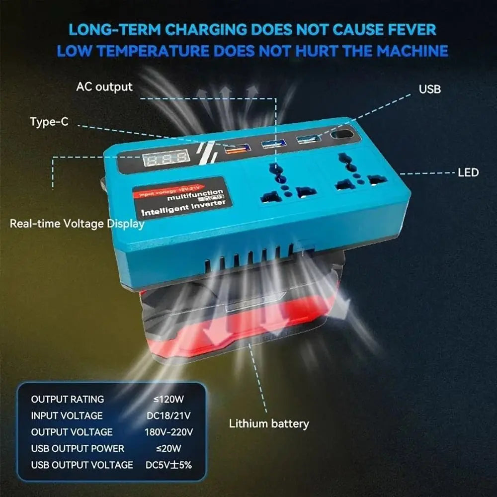 1Pcs 18v 20v To 220v Battery Inverter Multifunctional with 4 USB LED Socket Smart Transformer Household 120W