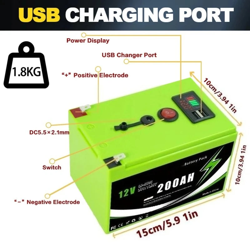 12V 160Ah/180Ah/200Ah 18650 Lithium Battery Pack with USB Port & LED Display, Portable Power Station for RV Boat Solar Storage