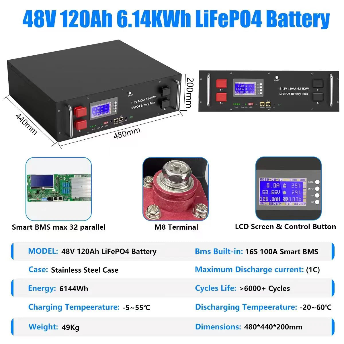 LiFePO4 Battery 48V 100AH 150AH 300AH 51.2V Lithium Solar Battery 6000+ Cycles With Bluetooth BMS For Home Storage EU Stock