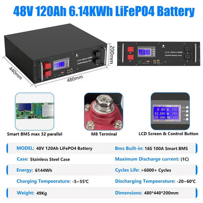 LiFePO4 Battery 48V 100AH 150AH 300AH 51.2V Lithium Solar Battery 6000+ Cycles With Bluetooth BMS For Home Storage EU Stock