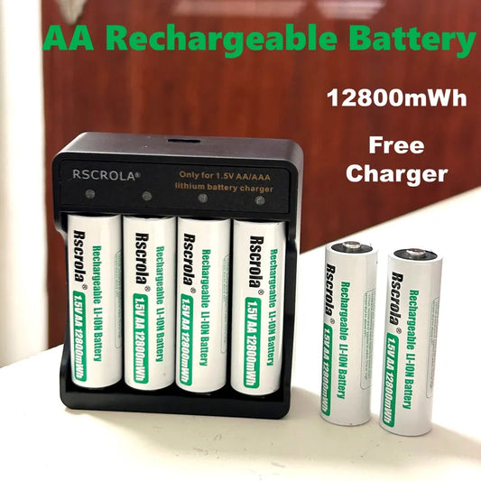 Rechargeable Lithium Battery AA 12800mWh Long-Lasting AA Rechargeable Batteries with Charger for Remote Controller Toys Doorbell