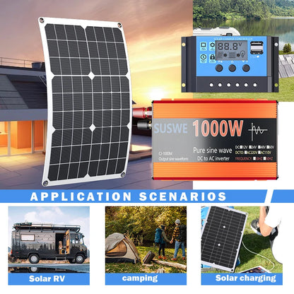 Solar System Kit 1000W 12V to AC 220V/110V Inverter+600W Solar Panel+100A Controller, Suitable for Charging RVs, Cars, Laptops