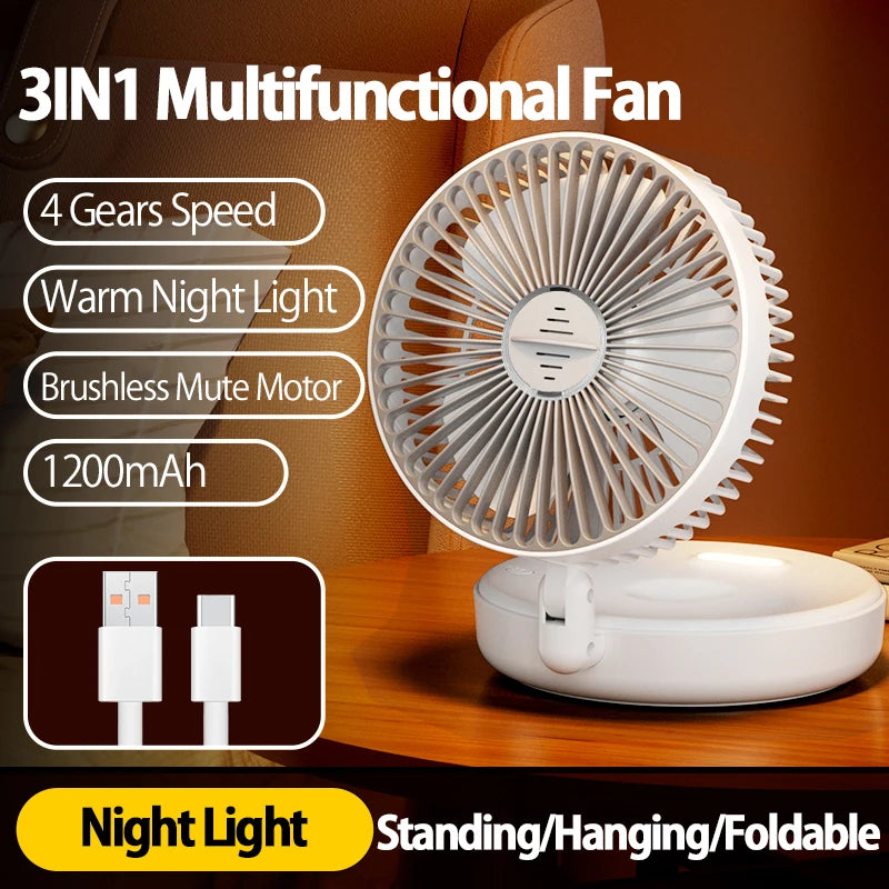 Rechargeable 3-in-1 Foldable Fan, 4-Speed, Warm Nightlight, Wall/Desk Mount, 90° Fold for Home/Office