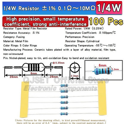 100pcs 1/4W Metal Film Resistor Element 1% 0.25W 1K 1.5K 2.2K 4.7K 10K 22K 47K 100K 470k 100 220  4K7 Ohm 5 Color Ring Resistors