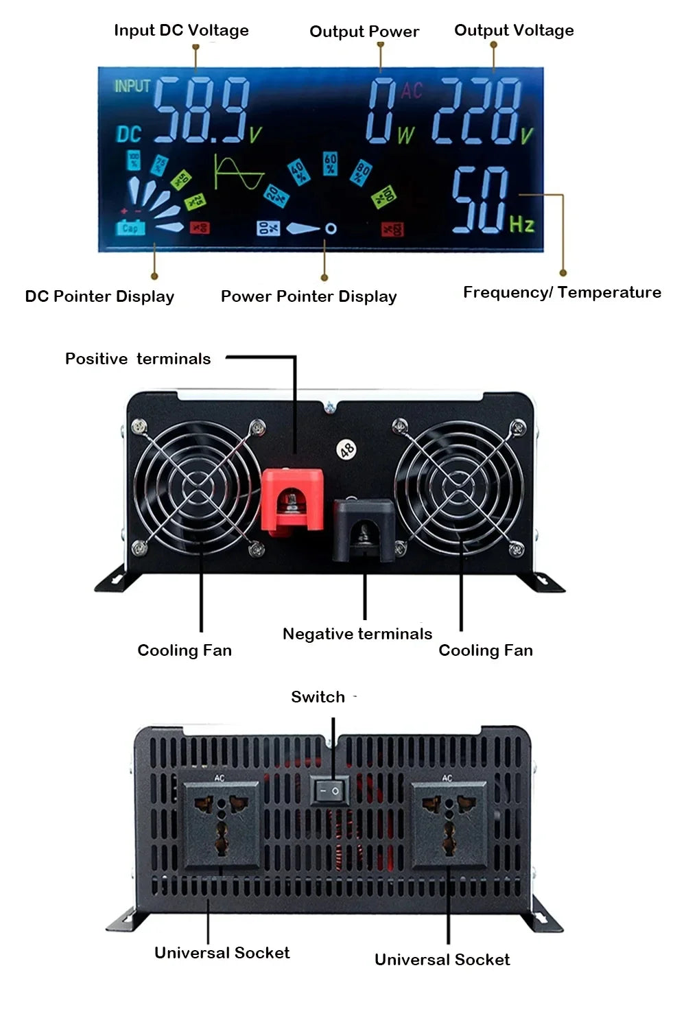 12V 24V Pure Sine Wave Inverter 800W 1300W 1500W 2500W 3000W DC To AC 110V 220V Converter LCD Display Universal Socket