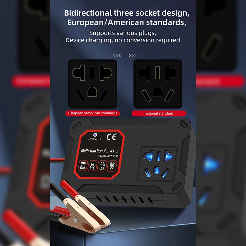 200W Portable Car Power Inverter, 12V/24V to 220V Converter Adapter with Universal Socket for Vehicle & Household Use