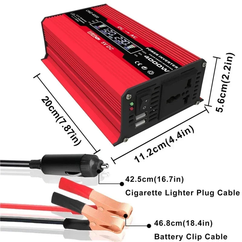 4000W LCD Display Solar Power Inverter 12V to 110V/220V USB Modified Sine Wave Voltage Transformer Car Adapter Charge Converter
