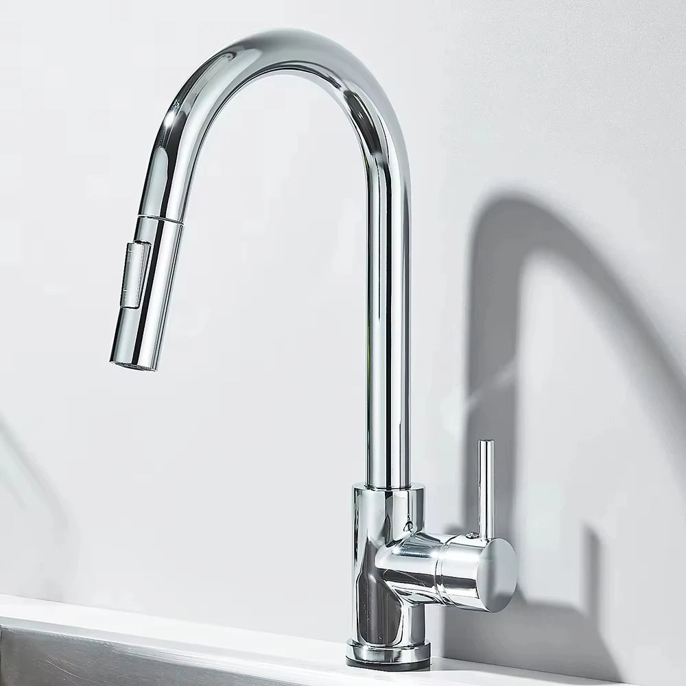 Silver/black stainless steel pull-out hot and cold water sink/washbasin faucet, suitable for kitchens, with splash-proof design.