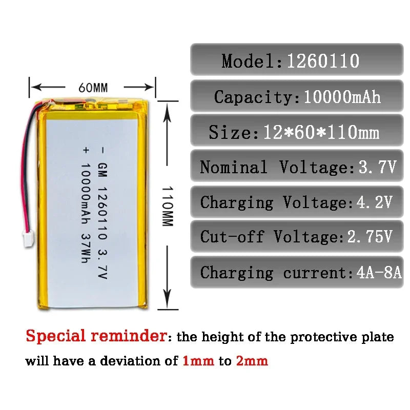 1260110 Battery 10000mAh 3.7V High Power Polymer Lithium for Power Bank GPS High Capacity 100% Real Capacity Lithium Batteries