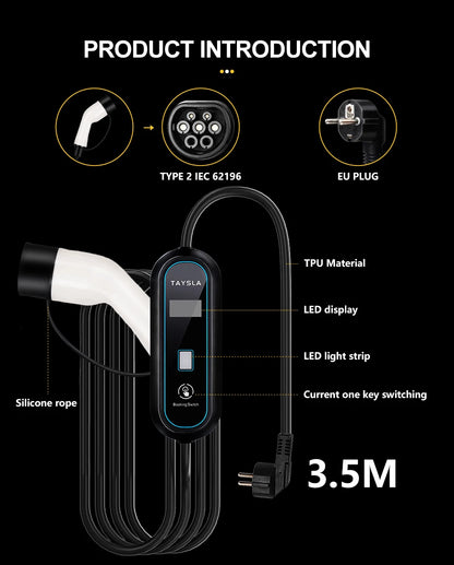 TAYSLA EV Charger Type 2 IEC62196-2 Portable EVSE Charging Cable 16A 3.5KW EV Charging Station Wallbox EU Plug for Electric Car