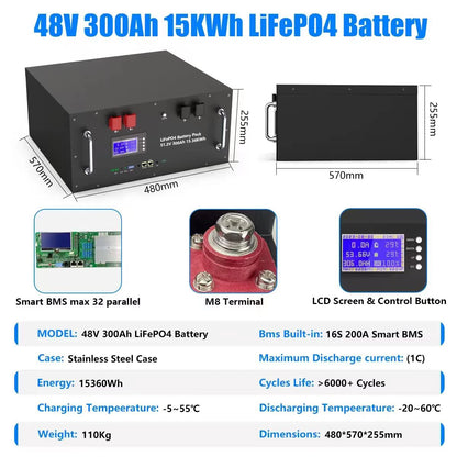 LiFePO4 Battery 48V 100AH 150AH 300AH 51.2V Lithium Solar Battery 6000+ Cycles With Bluetooth BMS For Home Storage EU Stock