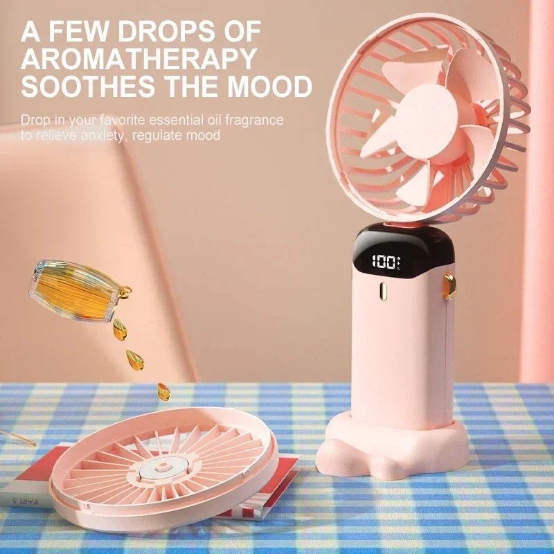 Rechargeable Personal Fan with Digital Display, Foldable Neck or Desk Design, 5-Speed Airflow and Phone Stand for Summer