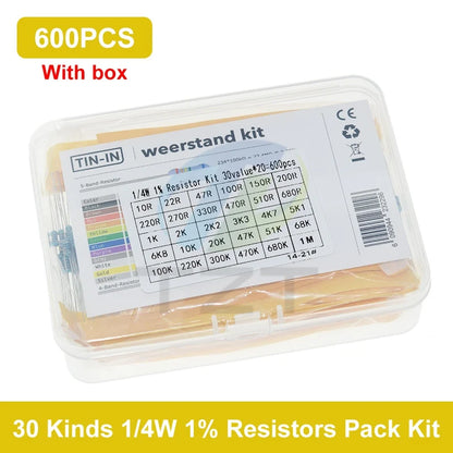 TZT 600pcs/set 30 Kinds 1/4W Resistance 1% Resistors Pack Kit 1K 10K 100K 220ohm 1M Resistors 300pcs/set