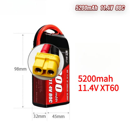 3S LiPo Battery 5200mAh 11.4V 80C Shorty Pack Battery for RC Car Vehicles Boat Drone RC Helicopter FPV Racing Hobby Models