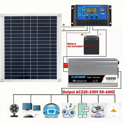12V/24V Solar Panel System 18V 50W Solar Panel Battery Charge Controller 800W/1000W Solar Inverter Kit Complete Power Generation