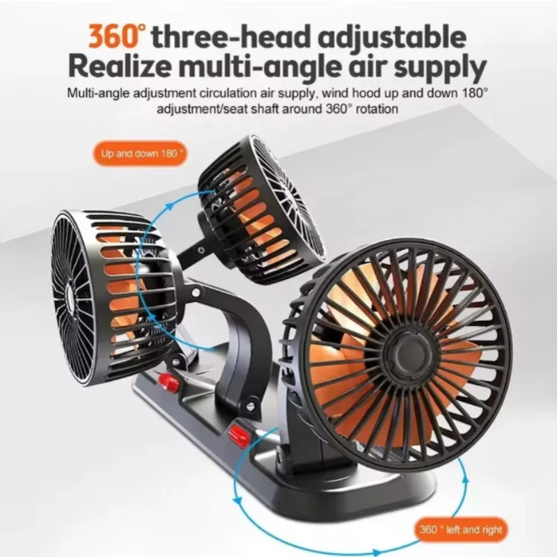 360° Adjustable 3-Head Car Fan Automotive Electric Air Circulator USB/12V/24V Dual-Speed Silent Fan for Home Desk Office & Car
