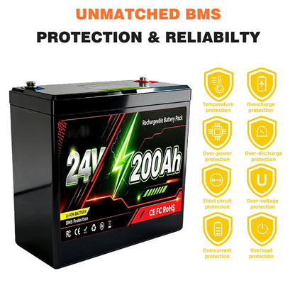 24V LiFePO4 200Ah Lithium Battery, Built-in 200A BMS, Rechargeable Battery, for RV/Camper, Solar, Marine, Overland/Van, Off-Gr