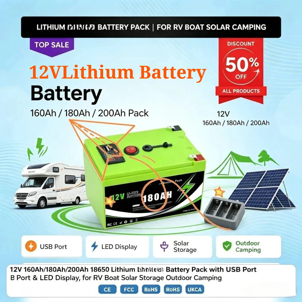12V 160Ah/180Ah/200Ah 18650 Lithium Battery Pack with USB Port & LED Display, Portable Power Station for RV Boat Solar Storage