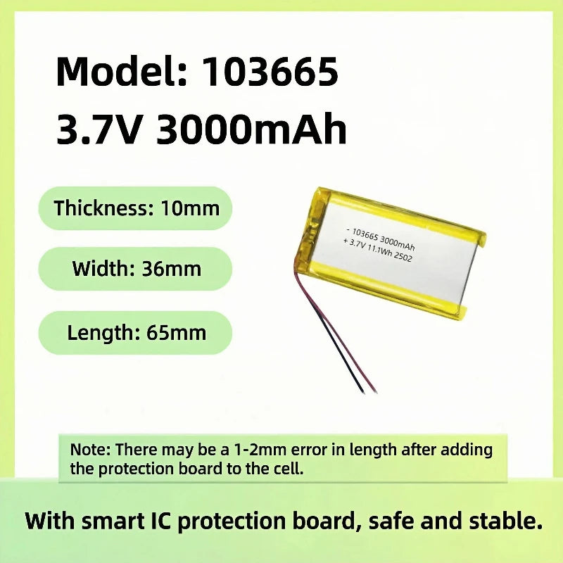 3.7V Lipo Battery 3000Mah PL103665 Lithium  Li Polymer Batteries for T114 V2 LoRa 32 V3 Dev-board  Node 1Pc