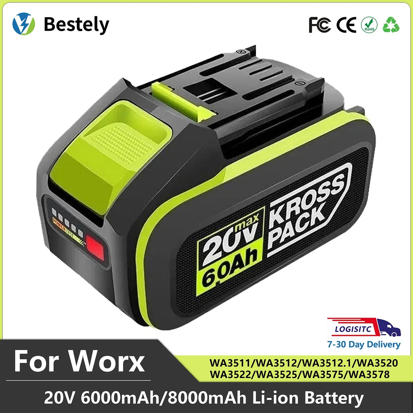 For WORX 20V 6.0Ah/8.0Ah 5pin WA3016 WA3023 WA3027 Li-ion Battery For dewalt tools for WORX Cordless Power Tool Model Battery